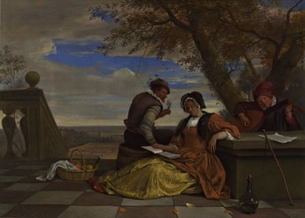 Jan Steen – Two Men and a Young Woman Making Music on a Terrace (c1670-5)