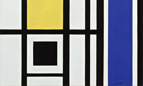 A detail from White, Black, Yellow and Blue, 1954, by Marlow Moss