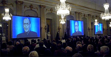Harold Pinter delivering his Nobel lecture via video to the Swedish Academy in Stockholm
