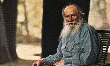 Hand-tinted photograph of Tolstoy dressed as a peasant