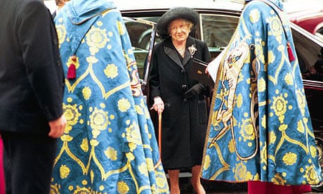 The Queen Mother attends the service of Thanksgiving for Ted Hughes at Westminster Abbey