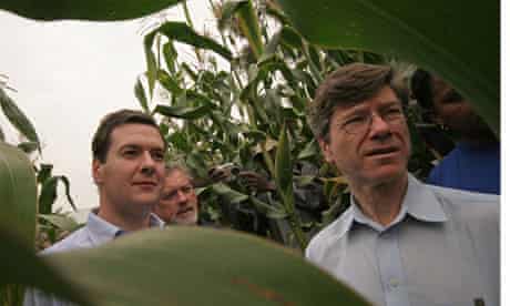 Jeffrey Sachs, right, with George Osborne, inspect maize crops in the village of Ruhiira, Uganda