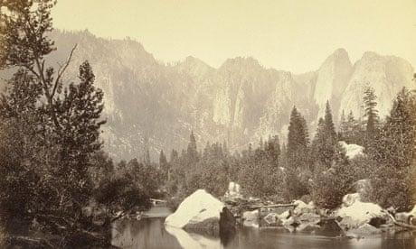 A sepia photograph of the Merced river, by Carleton Watkins