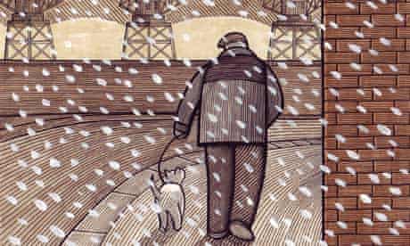 man walking a dog in a snowstorm - illustration