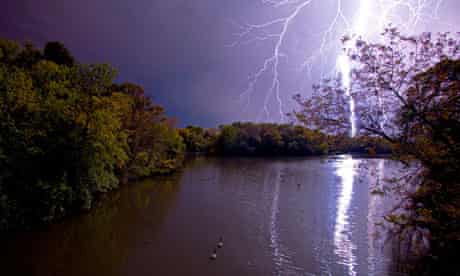 Lightning strike over a lake