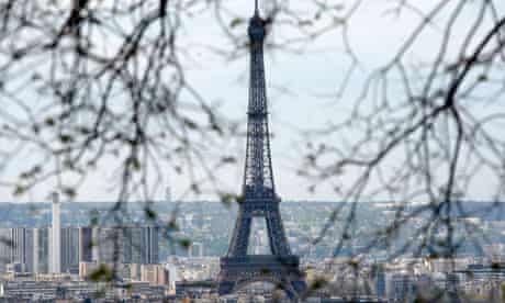The Eiffel tower is seen from the Sacre Coeur Basilica in Paris