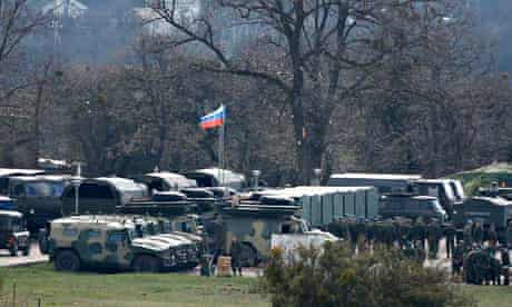 Russian troops and vehicles at a military base in Perevalnoye, near the Crimean city of Simferopol