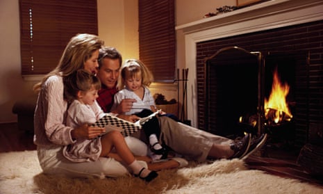 A family relaxing by the fireplace