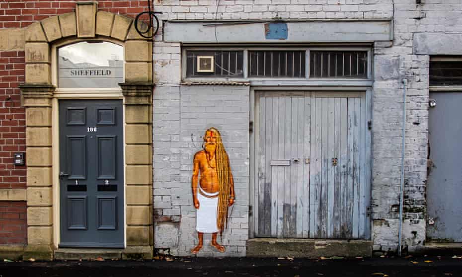 A sadhu depicted in street art in Sheffield