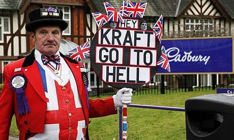 Ray Egan as John Bull protests at Kraft's takeover of Cadbury