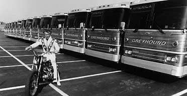 Evel Knievel prepares to jump 14 Greyhound buses in 1975. Photograph: Hulton Archive/Getty