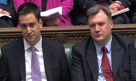 Labour party leader Ed Miliband and shadow Chancellor Ed Balls during PMQs, February 16, 2011