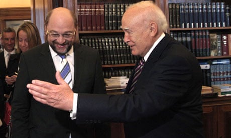 Greek president Karolos Papoulias, right, meets EU parliament president Martin Schulz