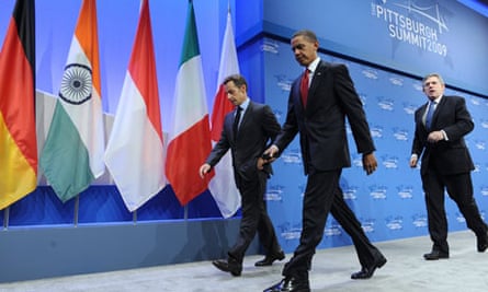 French President Sarkozy, US President Obama and British PM Brown at the G20 summit, 2009