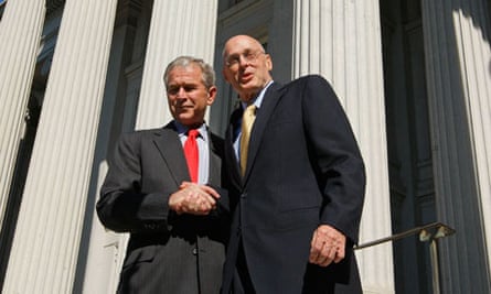President Bush shakes hands with Treasury Secretary Henry Paulson, 2008. 