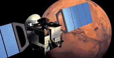 The Mars Express orbits the planet, carrying the Beagle 2 probe