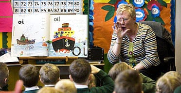Margaret Mooney gets her young class to shout of the vowel sound 'oi' as part of phonics teaching.