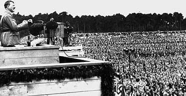Adolf Hitler addressing the gathering of his staff chiefs at the Nazi demonstration held on the Reichsparteitag area in Nuremberg, Germany, in September 1933
