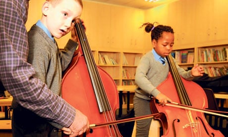 Kensington pupils learn the double bass with a musician from the Royal Liverpool Philharmonic Orchestra. Photograph: Chris Thomond