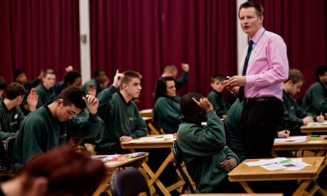 Teacher Nick House leads the 'walking talking mock' English GCSE exam at Greenshaw high in Sutton