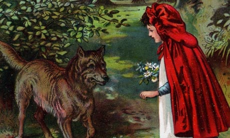Lithograph depicting Little Red Riding Hood meeting the wolf in the woods