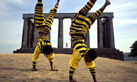 Acrobats on Calton Hill during the Edinburgh Fringe Festival