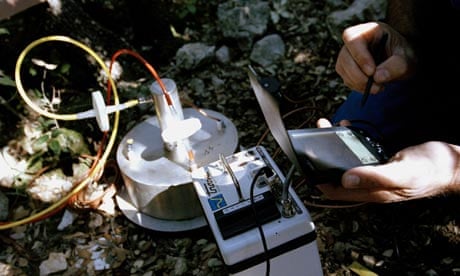 A researcher collects data from an electronic device to monitor climate change.