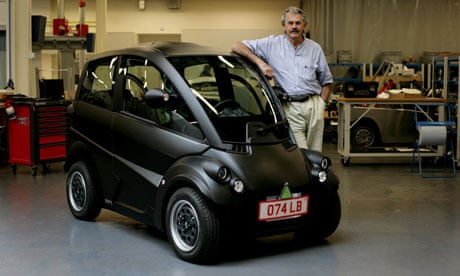 Formula one car designer Gordon Murray with the prototype of a new fuel-efficient T25 car