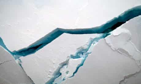 Multi year ice cracks before the prow of icebreaker in The Arctic