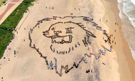 COP17 in Durban : thousands of South African youths forming a giant lion head on a beach in Durban