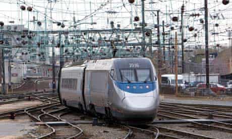 An Amtrak Acela high-speed train pulls away from Union Station in Washington