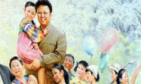 painting featuring North Korean leader Kim Jong Il with young girls 