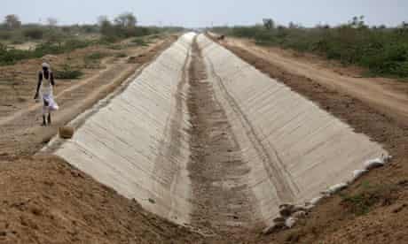 Indian rivers network project: Dried Amrapur branch canal in Gujarat during drought, India