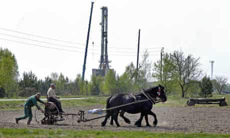 Fracking in Poland : drilling rig exploring for shale gas in village of Grzebowilk