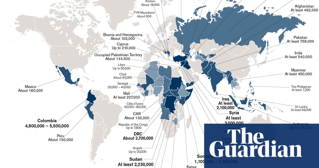 World Map Showing The Countries With The Highest Numbers Of People Displaced Through Conflict Global Development The Guardian World Map Conflict Zones 2022