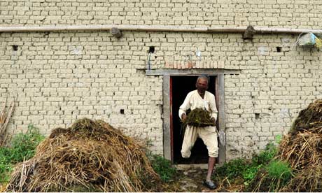 MDG : Nepal : Farmer carries compost out of a building in the village of Khokana