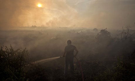 A firefighter braves the smoke caused by the forest fires in Riau Province, Indonesia