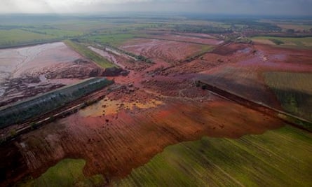 Broken dyke of a reservoir containing red mud of an alumina factory near Ajka, Hungary