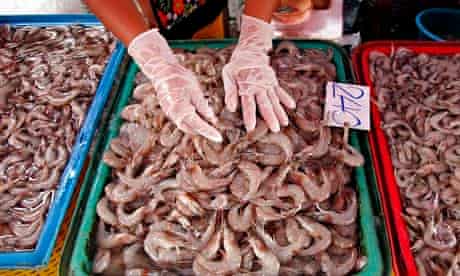 MDG : A Thai fishmonger sorts shrimp at Klong Toey fresh food market in Bangkok