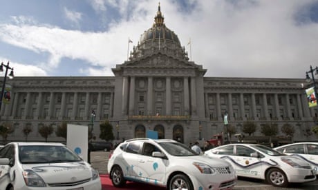 Hybrid electric cars on display in front of City Hall in San Francisco, California.
