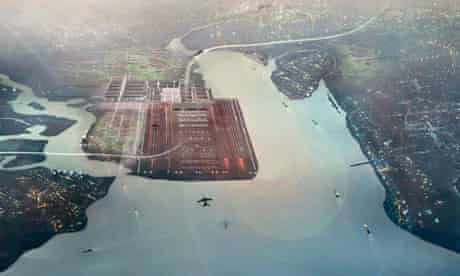The Thames Hub: overhead shot of planes flying into airport situated in estuary