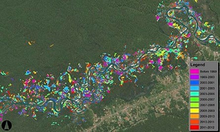 CLASlite map shows the areas along the Madre De Dios river damaged by small, clandestine gold miners