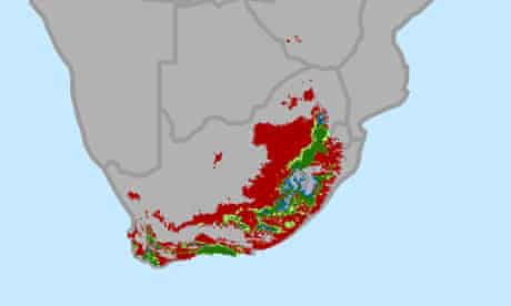 South Africa change in areas suitable for growing wine grapes through 2050