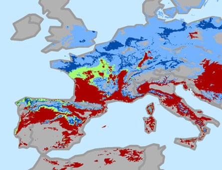 Europe change in areas suitable for growing wine grapes through 2050