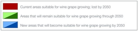 Key - change in areas suitable for growing wine grapes through 2050
