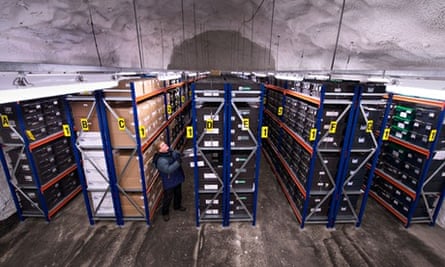 The Svalbard Global Seed Vault carved into the Arctic permafrost.