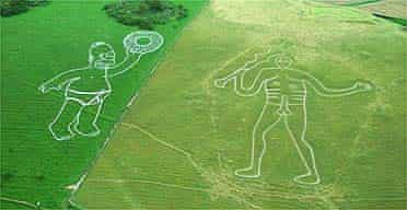 An image of Homer Simpson next to the famous Cerne Abbas giant