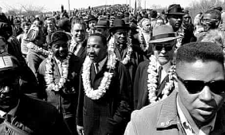 Dr Martin Luther King Jr and civil rights marchers head for Montgomery from Selma in 1965