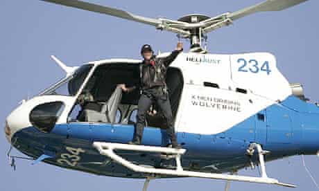 Hugh Jackman arrives in a helicopter for a media event promoting X-Men Origins: Wolverine in Sydney