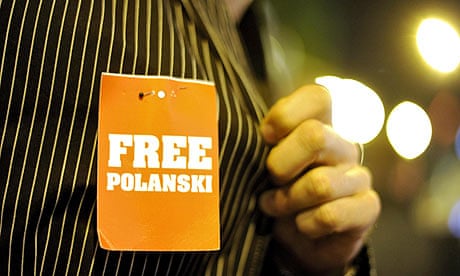 A man wears a 'Free Polanski' sign on his shirt at the Zurich film festival